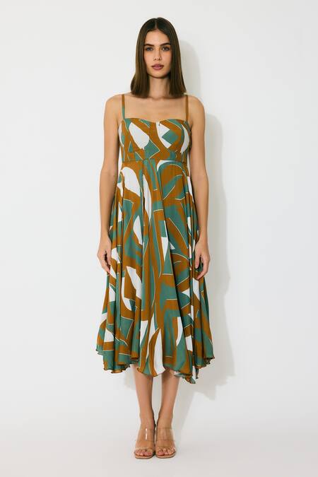 Buy Koai Green Muslin, Cotton, Silk Square Neck Patterned Midi Dress Online at Aza Fashions Buy_Koai_Green Muslin, Cotton, Silk Square Neck Patterned Midi Dress _Online_at_Aza_Fashions