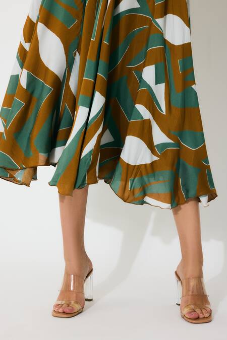 Shop Koai Green Muslin, Cotton, Silk Square Neck Patterned Midi Dress Online at Aza Fashions Shop_Koai_Green Muslin, Cotton, Silk Square Neck Patterned Midi Dress _Online_at_Aza_Fashions