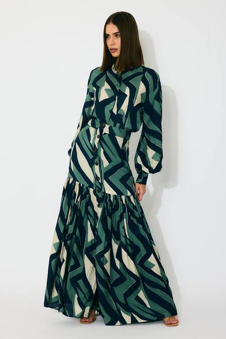 Koai_Green Muslin, Cotton Collared Patterned Silk Shirt _Online_at_Aza_Fashions