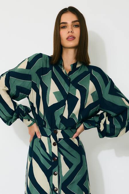 Buy_Koai_Green Muslin, Cotton Collared Patterned Silk Shirt _Online_at_Aza_Fashions
