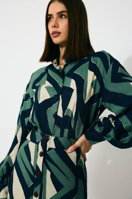 Koai_Green Muslin, Cotton Collared Patterned Silk Shirt _at_Aza_Fashions