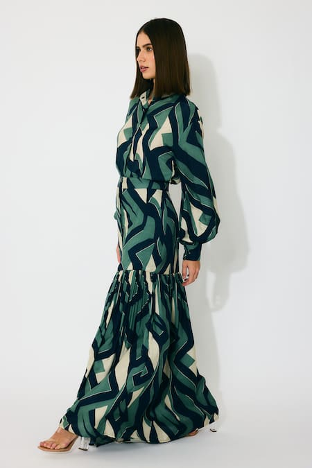 Koai_Green Muslin, Cotton, Silk Geometric Pattern Long Skirt _Online_at_Aza_Fashions