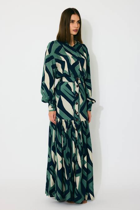 Buy_Koai_Green Muslin, Cotton, Silk Geometric Pattern Long Skirt _Online_at_Aza_Fashions