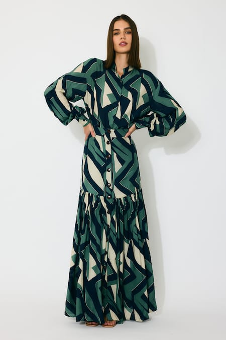 Shop_Koai_Green Muslin, Cotton, Silk Geometric Pattern Long Skirt _Online_at_Aza_Fashions