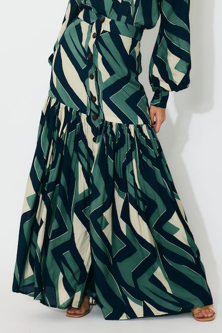 Koai_Green Muslin, Cotton, Silk Geometric Pattern Long Skirt _at_Aza_Fashions