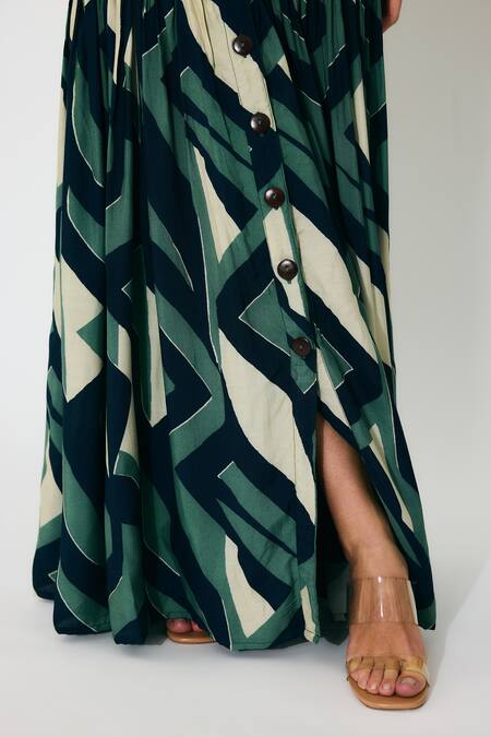 Shop_Koai_Green Muslin, Cotton, Silk Geometric Pattern Long Skirt 