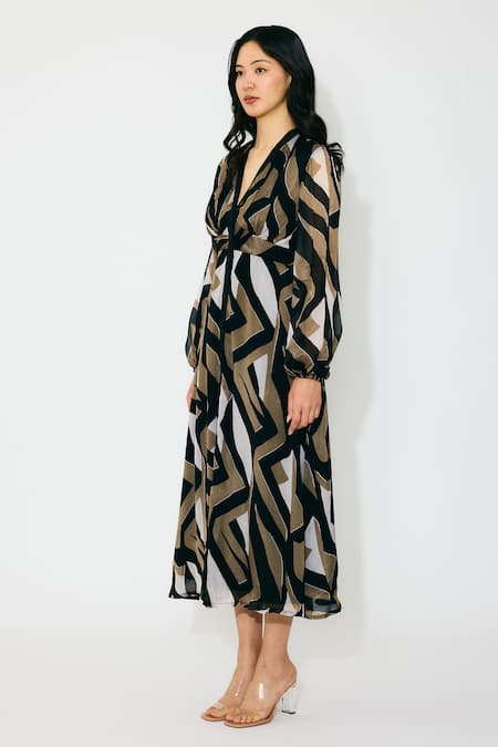 Koai_Gold Chiffon V-neck Patterned Midi Dress _Online_at_Aza_Fashions