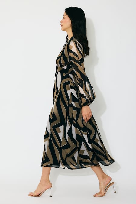 Buy_Koai_Gold Chiffon V-neck Patterned Midi Dress _Online_at_Aza_Fashions