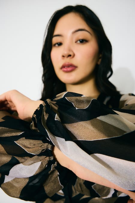 Shop_Koai_Gold Chiffon V-neck Patterned Midi Dress _Online_at_Aza_Fashions