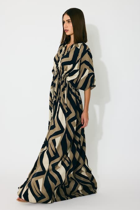 Koai_Gold Muslin, Cotton, Silk Collared Patterned Kaftan Dress _Online_at_Aza_Fashions