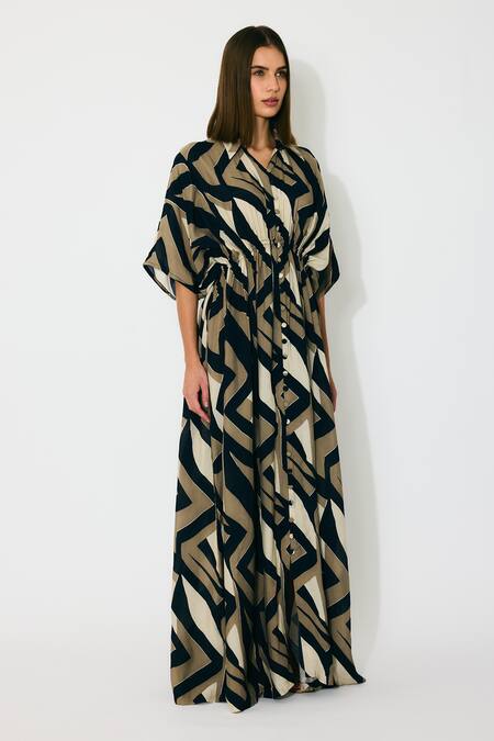 Buy_Koai_Gold Muslin, Cotton, Silk Collared Patterned Kaftan Dress _Online_at_Aza_Fashions