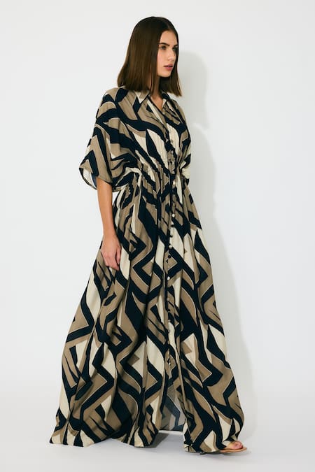 Koai_Gold Muslin, Cotton, Silk Collared Patterned Kaftan Dress _at_Aza_Fashions