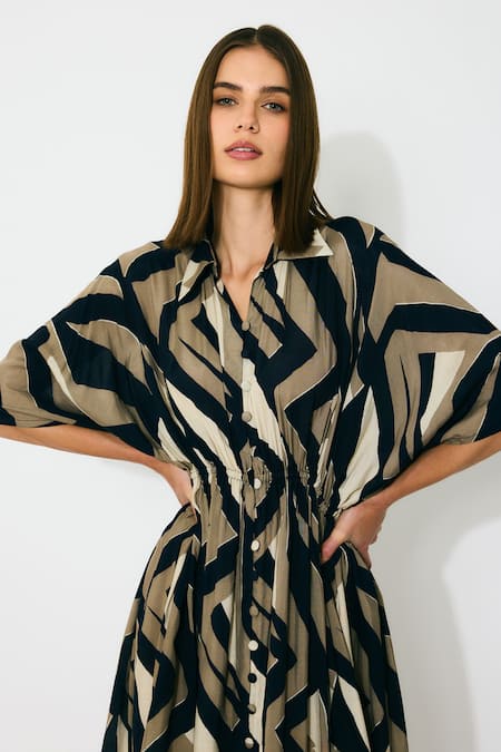 Buy_Koai_Gold Muslin, Cotton, Silk Collared Patterned Kaftan Dress 