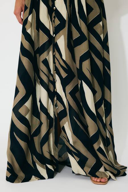 Shop_Koai_Gold Muslin, Cotton, Silk Collared Patterned Kaftan Dress 