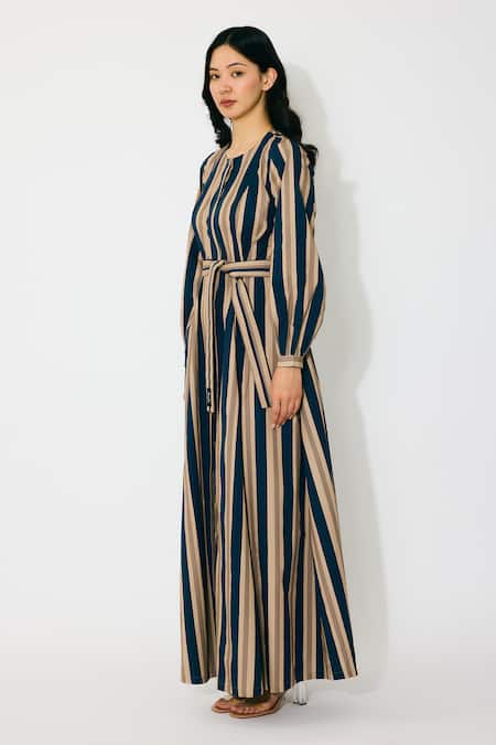 Buy Koai Multi Color Cotton Round Neck Stripe Maxi Shirt Dress Online at Aza Fashions Buy_Koai_Multi Color Cotton Round Neck Stripe Maxi Shirt Dress _Online_at_Aza_Fashions