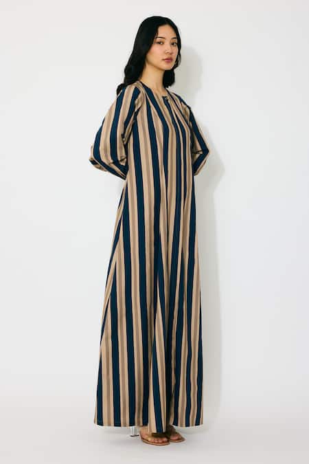 Shop Koai Multi Color Cotton Round Neck Stripe Maxi Shirt Dress Online at Aza Fashions Shop_Koai_Multi Color Cotton Round Neck Stripe Maxi Shirt Dress _Online_at_Aza_Fashions