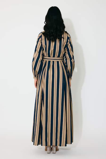 Shop Koai Multi Color Cotton Round Neck Stripe Maxi Shirt Dress at Aza Fashions Shop_Koai_Multi Color Cotton Round Neck Stripe Maxi Shirt Dress _at_Aza_Fashions