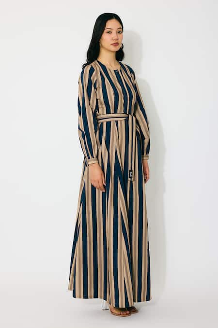 Koai Multi Color Cotton Round Neck Stripe Maxi Shirt Dress at Aza Fashions Koai_Multi Color Cotton Round Neck Stripe Maxi Shirt Dress _at_Aza_Fashions