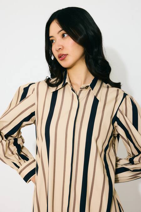 Buy_Koai_Cream Cotton Collared And Dark Green Stripe Maxi Shirt Dress _Online_at_Aza_Fashions