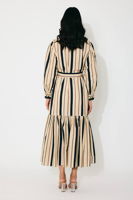 Koai Cream & Dark Green Stripe Maxi Shirt Dress 