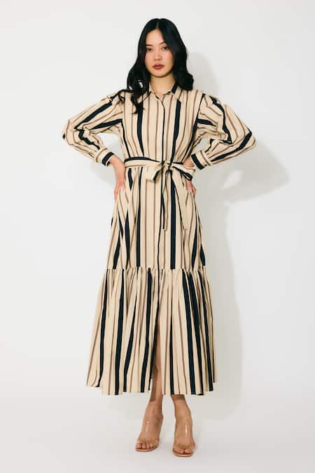Koai Cream & Dark Green Stripe Maxi Shirt Dress 