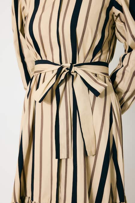 Shop_Koai_Cream Cotton Collared And Dark Green Stripe Maxi Shirt Dress _Online_at_Aza_Fashions