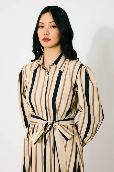 Buy_Koai_Cream Cotton Collared And Dark Green Stripe Maxi Shirt Dress 
