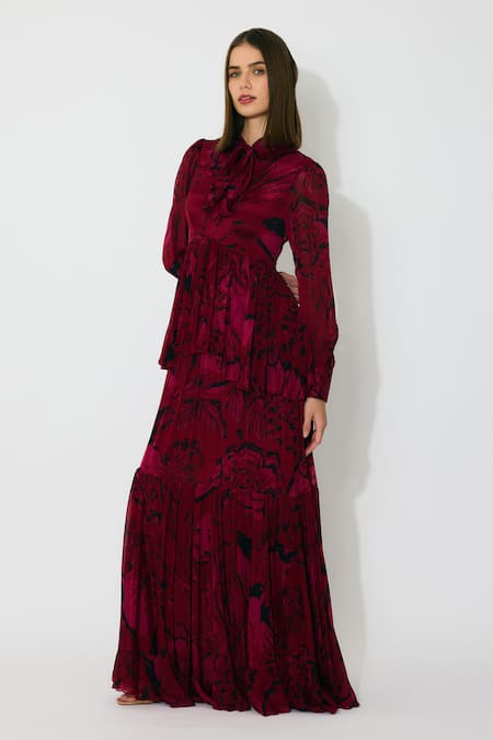 Koai Pink Chiffon Collared Floral Maxi Dress Online at Aza Fashions Koai_Pink Chiffon Collared Floral Maxi Dress _Online_at_Aza_Fashions