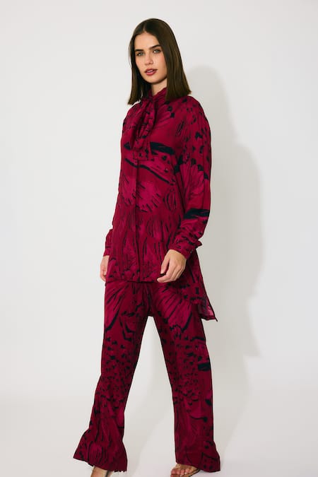 Koai_Pink Muslin, Cotton, Silk Floral Bow Tie Shirt _Online_at_Aza_Fashions