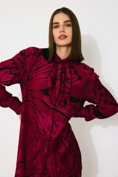 Buy_Koai_Pink Muslin, Cotton, Silk Floral Bow Tie Shirt _Online_at_Aza_Fashions