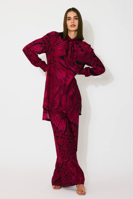 Koai_Pink Muslin, Cotton, Silk Floral Bow Tie Shirt _at_Aza_Fashions