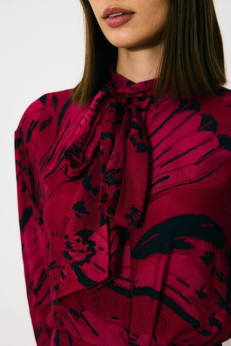 Buy_Koai_Pink Muslin, Cotton, Silk Floral Bow Tie Shirt 