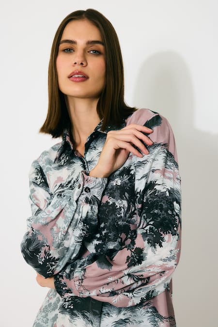 Shop_Koai_Pink Muslin, Cotton, Silk Collared Toile Print Shirt _Online_at_Aza_Fashions