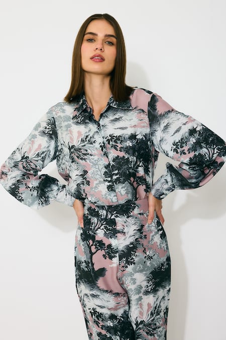 Koai_Pink Muslin, Cotton, Silk Collared Toile Print Shirt _at_Aza_Fashions