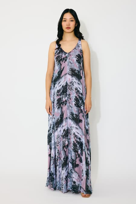 Koai_Pink Chiffon V-neck Toile Print Maxi Dress _at_Aza_Fashions