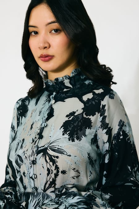 Koai_Gray Muslin, Cotton, Silk High Neck Toile Print Long Maxi Dress _Online_at_Aza_Fashions