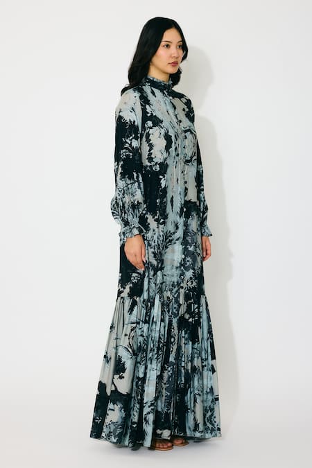 Buy_Koai_Gray Muslin, Cotton, Silk High Neck Toile Print Long Maxi Dress _Online_at_Aza_Fashions
