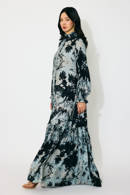 Shop_Koai_Gray Muslin, Cotton, Silk High Neck Toile Print Long Maxi Dress _Online_at_Aza_Fashions