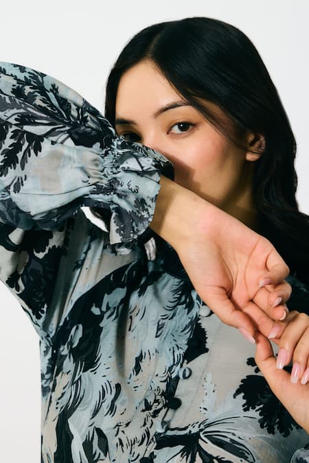 Koai_Gray Muslin, Cotton, Silk High Neck Toile Print Long Maxi Dress _at_Aza_Fashions