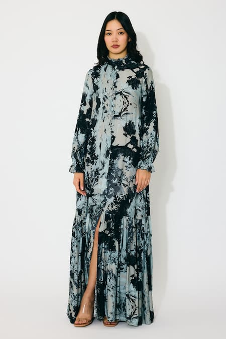 Buy_Koai_Gray Muslin, Cotton, Silk High Neck Toile Print Long Maxi Dress 
