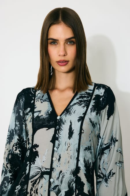 Koai_Blue Muslin, Cotton, Silk V-neck Toile Print Maxi Dress _Online_at_Aza_Fashions