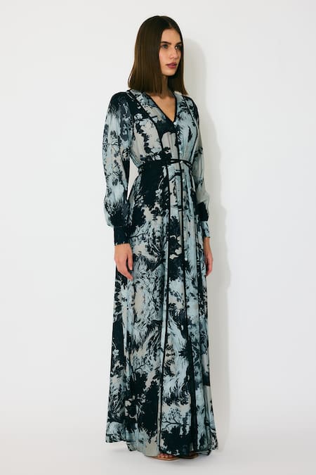 Buy_Koai_Blue Muslin, Cotton, Silk V-neck Toile Print Maxi Dress _Online_at_Aza_Fashions