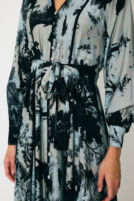 Koai_Blue Muslin, Cotton, Silk V-neck Toile Print Maxi Dress _at_Aza_Fashions