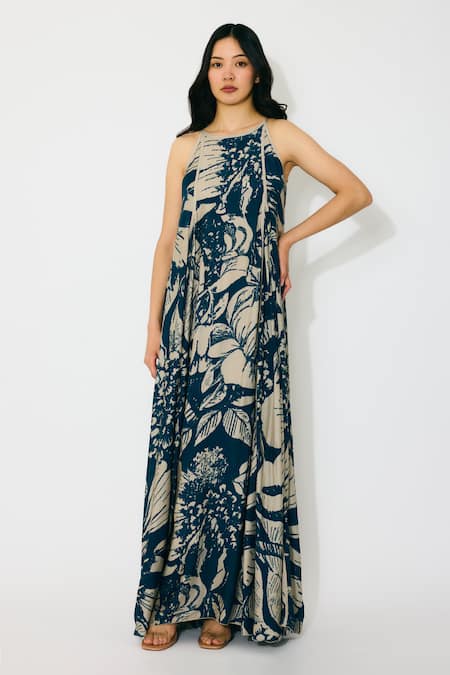 Buy Koai Blue Muslin, Cotton Round Neck Floral Sleeveless Long Dress Online at Aza Fashions Buy_Koai_Blue Muslin, Cotton Round Neck Floral Sleeveless Long Dress _Online_at_Aza_Fashions