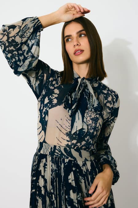 Koai Blue Georgette High Neck Floral Bow Tie Shirt Online at Aza Fashions Koai_Blue Georgette High Neck Floral Bow Tie Shirt _Online_at_Aza_Fashions