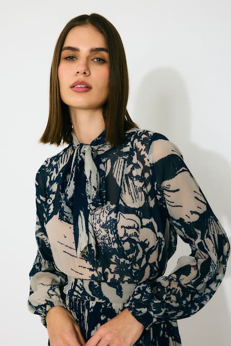 Buy Koai Blue Georgette High Neck Floral Bow Tie Shirt Online at Aza Fashions Buy_Koai_Blue Georgette High Neck Floral Bow Tie Shirt _Online_at_Aza_Fashions