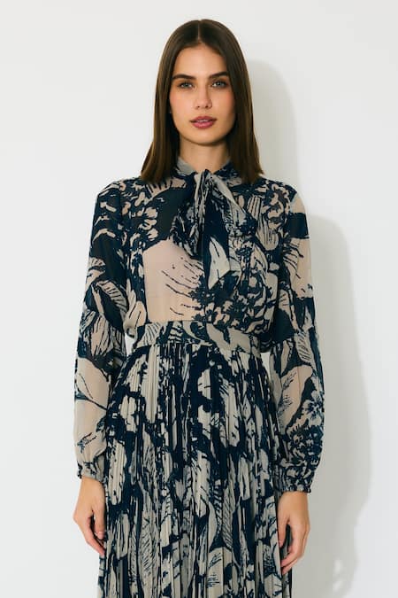 Buy Koai Blue Georgette High Neck Floral Bow Tie Shirt Buy_Koai_Blue Georgette High Neck Floral Bow Tie Shirt