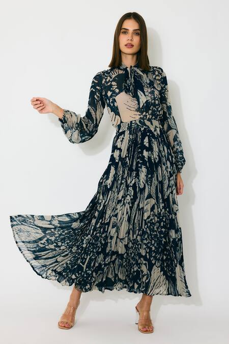 Koai Blue Georgette Floral Crinkled Midi Skirt Online at Aza Fashions Koai_Blue Georgette Floral Crinkled Midi Skirt _Online_at_Aza_Fashions