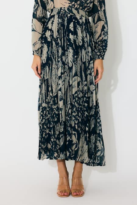 Koai Blue Georgette Floral Crinkled Midi Skirt at Aza Fashions Koai_Blue Georgette Floral Crinkled Midi Skirt _at_Aza_Fashions