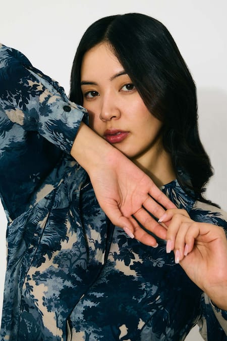 Koai Blue Muslin, Cotton, Silk Collared Toile Print Shirt Dress Online at Aza Fashions Koai_Blue Muslin, Cotton, Silk Collared Toile Print Shirt Dress _Online_at_Aza_Fashions